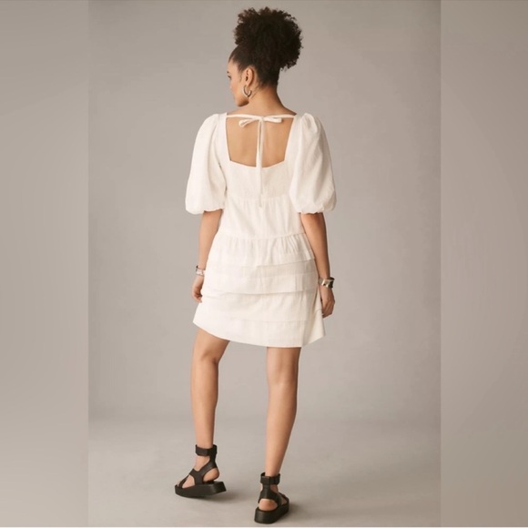By Anthropologie Mini Tiered Baydoll Dress Size 1X White Square-Neck Puff Sleeve - Picture 3 of 12